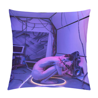 Personality  Science Fiction, Otherworldly Space Traveler Sitting At Computers In Neon Light Of Discovery Center Pillow Covers