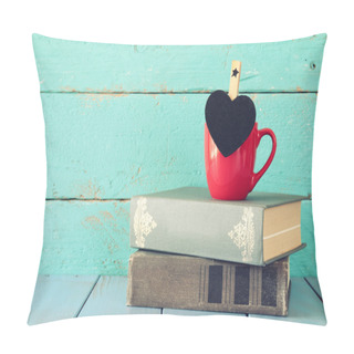 Personality  Cup Of Coffee With A Little Heart Shape Chalkboard And To Stack Of Old Books. Pillow Covers