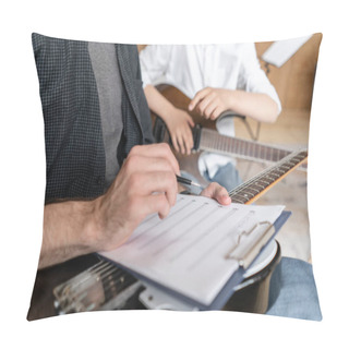 Personality  Adult Man Explains His Son, Who Learn To Play Guitar, How To Play Melodies And Songs Using Music Sheet. Education With Family Pillow Covers