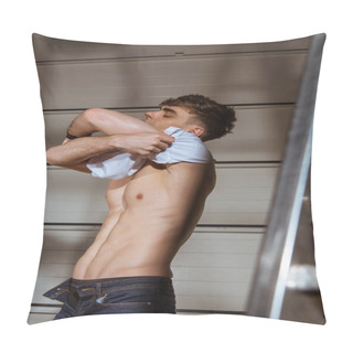 Personality  Sexy Muscular Man In Jeans Taking Off White T-shirt Pillow Covers