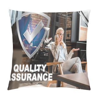 Personality  Selective Focus Of Serious Businesswoman Sitting In Armchair With Open Arm And Talking On Smartphone, Quality Assurance Illustration Pillow Covers
