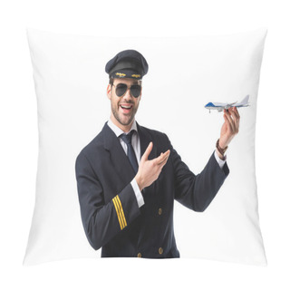 Personality  Portrait Of Smiling Bearded Pilot In Uniform Pointing At Toy Plane In Hand Isolated On White Pillow Covers