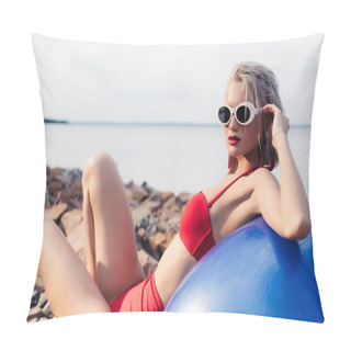 Personality  Sporty Girl In Retro Red Bikini And Sunglasses Relaxing On Blue Fitness Ball On Rocky Beach Pillow Covers