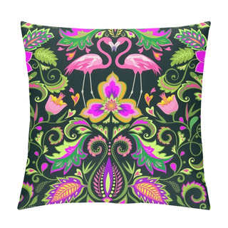 Personality  Beautiful Seamless Wallpaper With Exotic Flowers, Tropical Leaves And Pink Flamingo For Carpet, Fabric, Textile And Wrapping Paper Pillow Covers