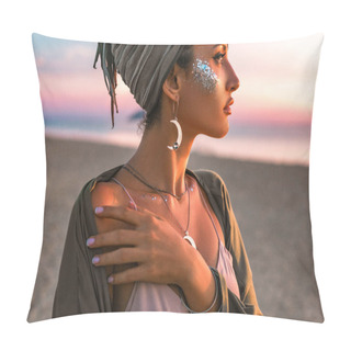 Personality  Beautiful Young Fashion Model On The Beach At Sunset Portrait Pillow Covers