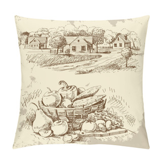 Personality  Village Houses Sketch With Food Pillow Covers