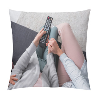 Personality  Top View Of Woman Holding Hand Of Senior Mother With Remote Controller On Couch  Pillow Covers