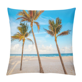 Personality  Beautiful Tropical Nature Florida Landscape. Tall Palm Trees And Sea Ocean Sand Beach At Sunset. Coastal Seashore View With Exotic Plants And Blue Aqua Water. Summer Seasonal Background Outdoors Pillow Covers
