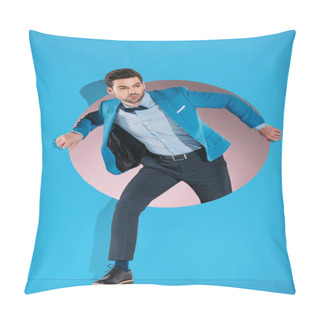 Personality  Handsome Man In Fashionable Clothes Stepping Through Aperture On Blue Pillow Covers