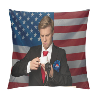 Personality  Man Looking At Coffee Cup On Tribune On American Flag Background Pillow Covers