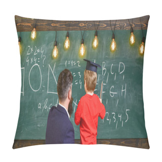 Personality  Child In Graduate Cap Listening Teacher, Chalkboard On Background, Rear View. Instructive Conversation Concept. Teacher With Beard, Father Teaches Little Son In Classroom, Chalkboard On Background Pillow Covers