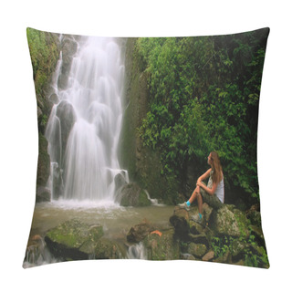 Personality  Young Woman Sitting At Simangande Falls On Samosir Island, Sumat Pillow Covers