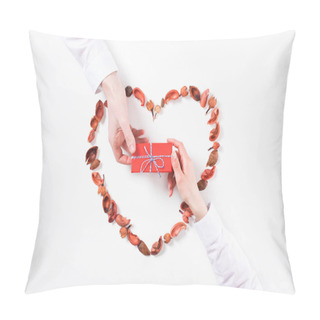 Personality  Cropped Image Of Boyfriend Presenting Girlfriend Gift On Valentines Day Isolated On White Pillow Covers