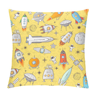 Personality  Seamless Background With Space Rockets, Astronauts, Satellites, Stars And Other Space Objects On White Background Pillow Covers