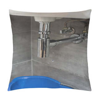 Personality  Blue Bucket Standing In Bathroom Under Leaking Pipe Pillow Covers