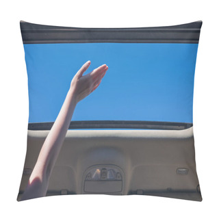 Personality  Girl Driver Traveling By Car And Holds Her Hand Out From Open Hatch Of A Vehicle. Travel Lifestyle Concept Pillow Covers
