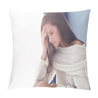 Personality  Adult Woman Suffering From Headache At Home Pillow Covers