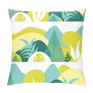 Personality  Seamless Pattern. Mountain Hilly Landscape With Tropical Plants And Trees, Palms, Succulents. Scandinavian Style. Environmental Protection, Ecology. Park, Exterior Space, Outdoor. Vector Illustration. Pillow Covers