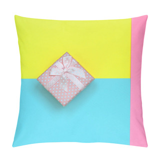 Personality  Small Pink Gift Box Lie On Texture Background Of Fashion Pastel Blue, Yellow And Pink Colors Paper In Minimal Concept. Pillow Covers