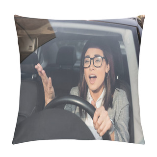 Personality  Angry Woman Shouting And Gesturing While Driving Car On Blurred Foreground Pillow Covers