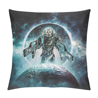 Personality  Berserker Skeleton Military Astronaut / 3D Illustration Of Science Fiction Scene Showing Evil Skull Faced Space Soldier With Laser Pulse Weapons Rising Above Moon Pillow Covers