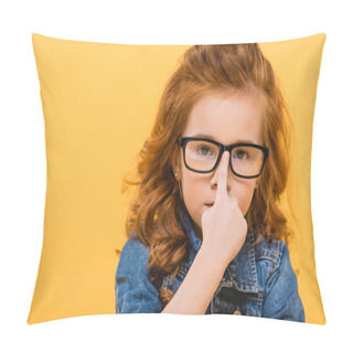 Personality  Portrait Of Cute Little Kid In Eyeglasses Isolated On Yellow Pillow Covers