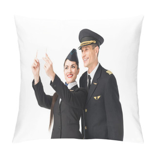 Personality  Airline Captain And Stewardess Taking Selfie Isolated On White Pillow Covers