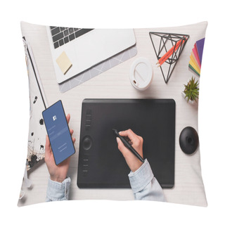 Personality Cropped View Of Designer Using Graphics Tablet, Pen And Smartphone With Facebook On Screen, Flat Lay Pillow Covers