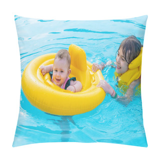 Personality  Baby Swims In A Circle On The Sea. Selective Focus. Child. Pillow Covers