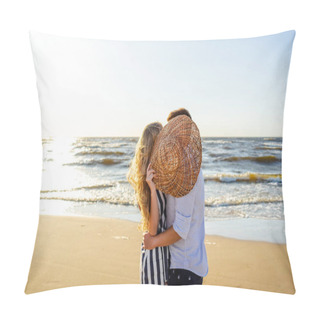 Personality  Partial View Of Couple In Love Hiding Behind Straw Hat On Sandy Beach In Riga, Latvia Pillow Covers