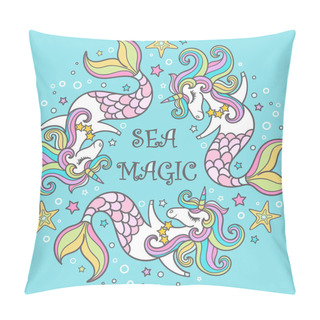Personality  Sea Magic. Three Cute Cartoon Seahorses, Unicorn. . Vector Pillow Covers