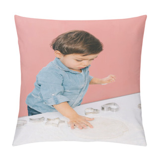Personality  Little Boy Cuts Figures In Dough With Dough Molds Isolated On Pink Pillow Covers