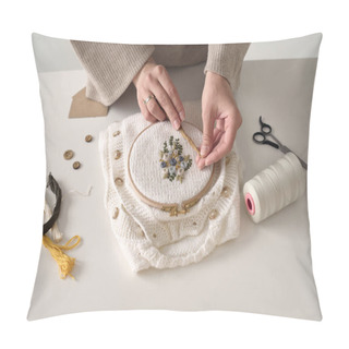 Personality  A Young Beautiful Seamstress Embroiders On Clothes Pillow Covers