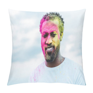 Personality  Handsome African American Man In White T-shirt And Colorful Holi Paints On Face Pillow Covers