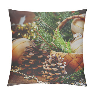 Personality  Christmas Or New Year Card With Fir Branches, Golden Christmas Balls, Pine Cones, Beads, Wicker Basket On Old Wooden Background In Country Style Pillow Covers