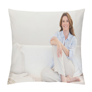 Personality  Smiling Mature Woman Sitting On Sofa Pillow Covers