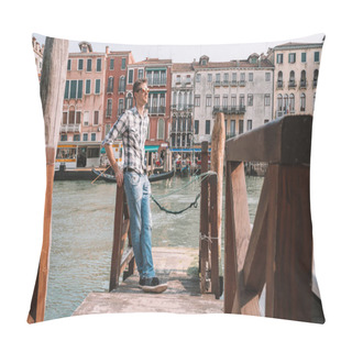 Personality  Venice, Italy. April 10, 2018. Young Man Exploring Venice. Sitting By The Canals Watching Gondolas Passing By Near San Marco Square As Well As Rialto Bridge. Pillow Covers