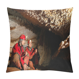 Personality  Geologists Studying Minerals In A Cave Pillow Covers