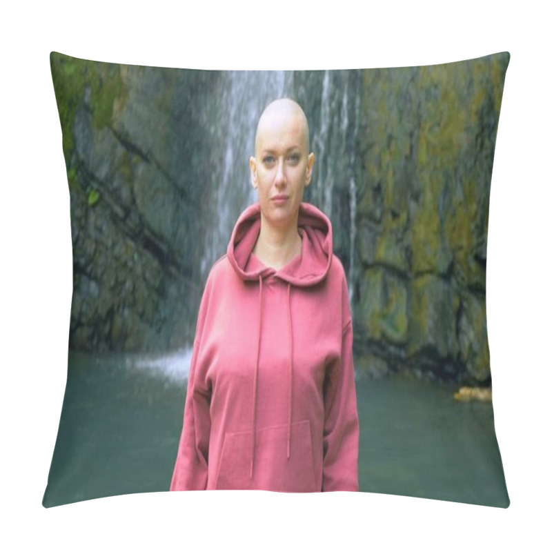 Personality  Beautiful Bald Woman Looking At The Camera, Standing On The Background Of A Waterfall. Concept Of Freedom, Victory, Goal Achievement. Copy Space Pillow Covers