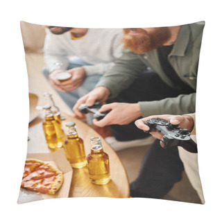 Personality  Two Men, From Different Racial Backgrounds, Engage In A Friendly Video Game Session On A Couch In Casual Clothes, Enjoying Laughter And Camaraderie. Pillow Covers