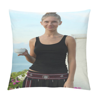 Personality  Closeup Portrait Of Attractive Blond Woman In Black Dress, Blurred Sea View Background Pillow Covers