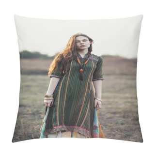 Personality  Beautiful Young Boho Girl Posing At Sunset On Nature Pillow Covers