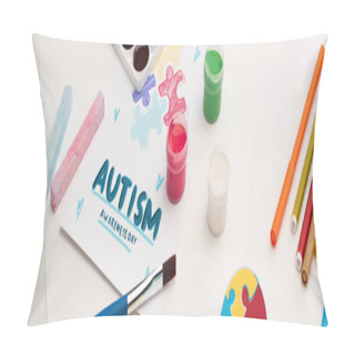 Personality  Panoramic Shot Of Card With Autism Awareness Day Lettering And Painting Of Puzzle On White With Paint Brushes, Chalks And Markers Pillow Covers