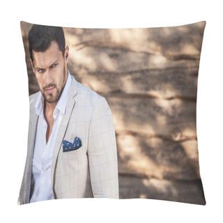 Personality  Portrait Of Young Beautiful Fashionable Man Against Wooden Wall Pillow Covers