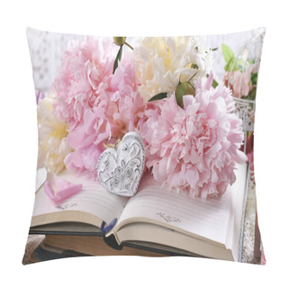 Personality  Beautiful Shabby Chic Style Love Arrangement With Fresh Pink Peonies And A Heart Lying On Old Books Pillow Covers