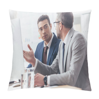 Personality  Two Professional Businessmen Using Desktop Computer And Discussing Project In Office Pillow Covers