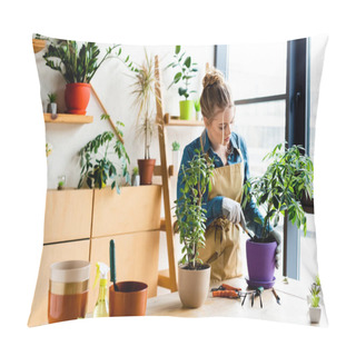 Personality  Attractive Woman In Gloves Transplanting Plant In Flowerpot  Pillow Covers