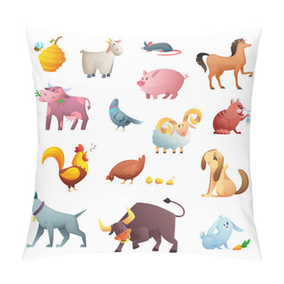 Personality  Cartoon Character Design Of Farm Animals. Cute Pets. Isolated Vector Illustration On White Background. Pillow Covers