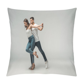 Personality  Dancers In Denim Jeans Dancing Bachata On Grey Background  Pillow Covers