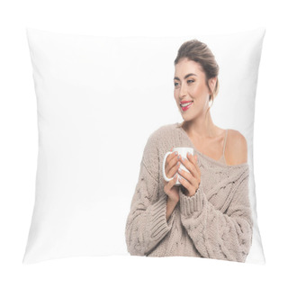 Personality  Joyful Woman In Stylish Knitted Sweater Holding Cup Of Tea Isolated On White Pillow Covers